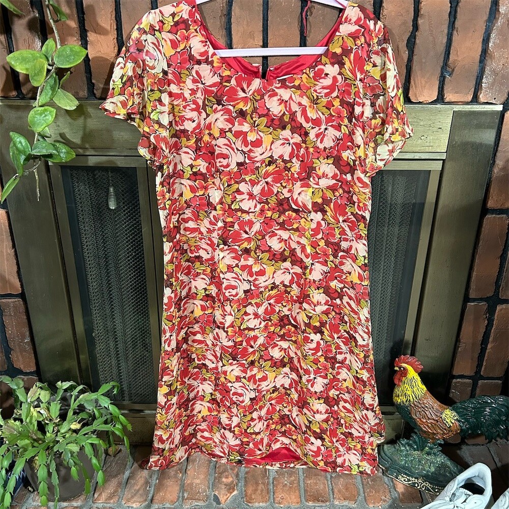 Coldwater Creek Dress Womens M Red Shift Midi Flutter Sleeve Lined Floral